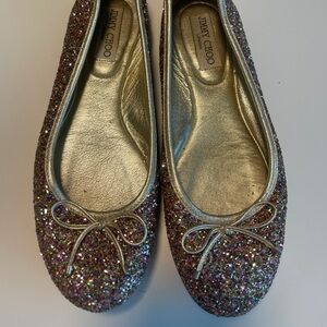 Jimmy Choo size 38 1/2 gold glitter ballerina slippers